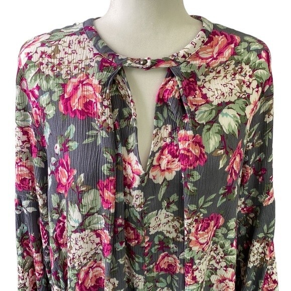 Umgee Floral Key Hole 3/4 Bell Sleeve Flowy Mini Swing Dress Trapeze Cut Guaze - Picture 5 of 16